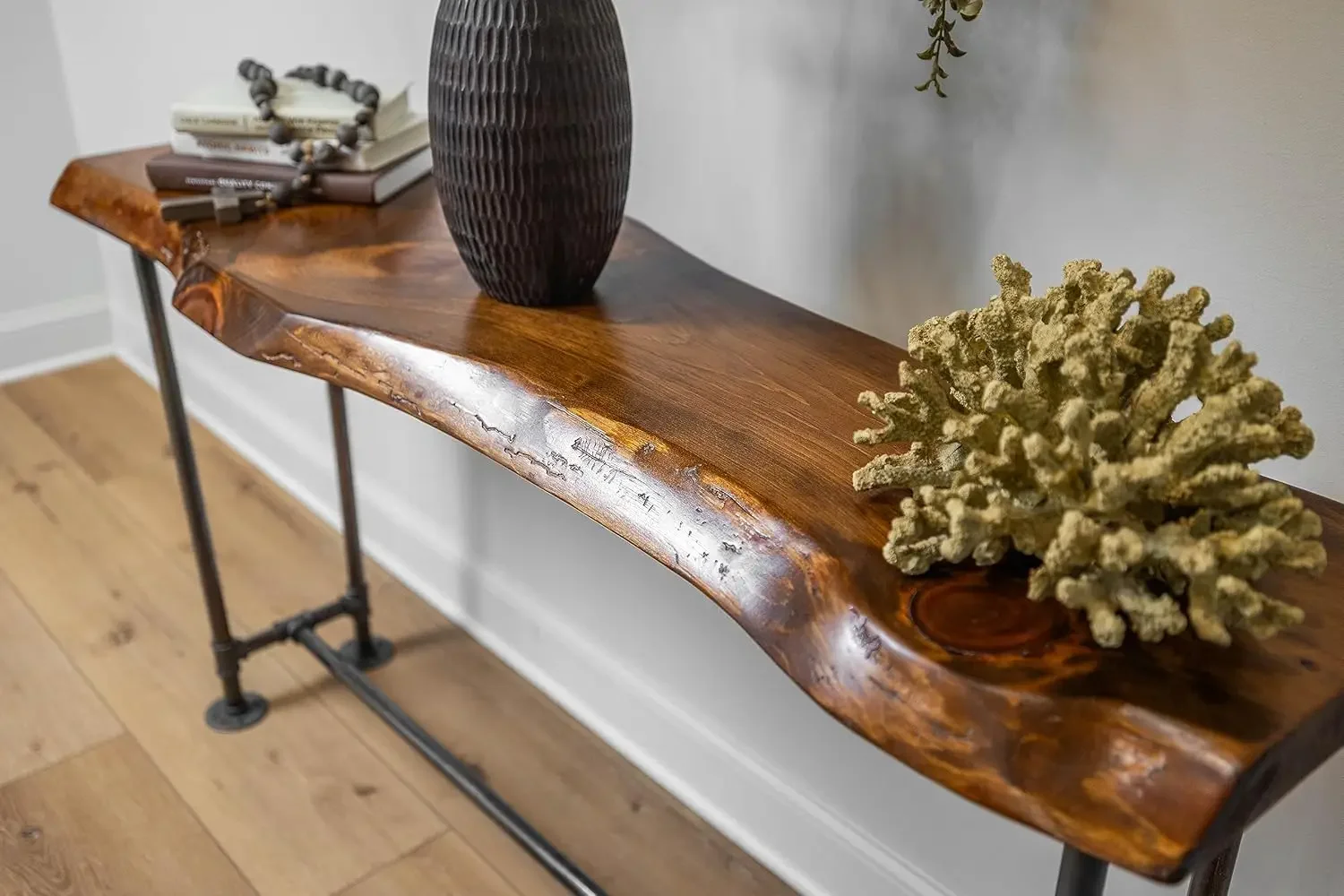 Industrial Pipe Sofa Table - Live Edge Console Table for Entryway or Behind Sofa – (Honey Pine)