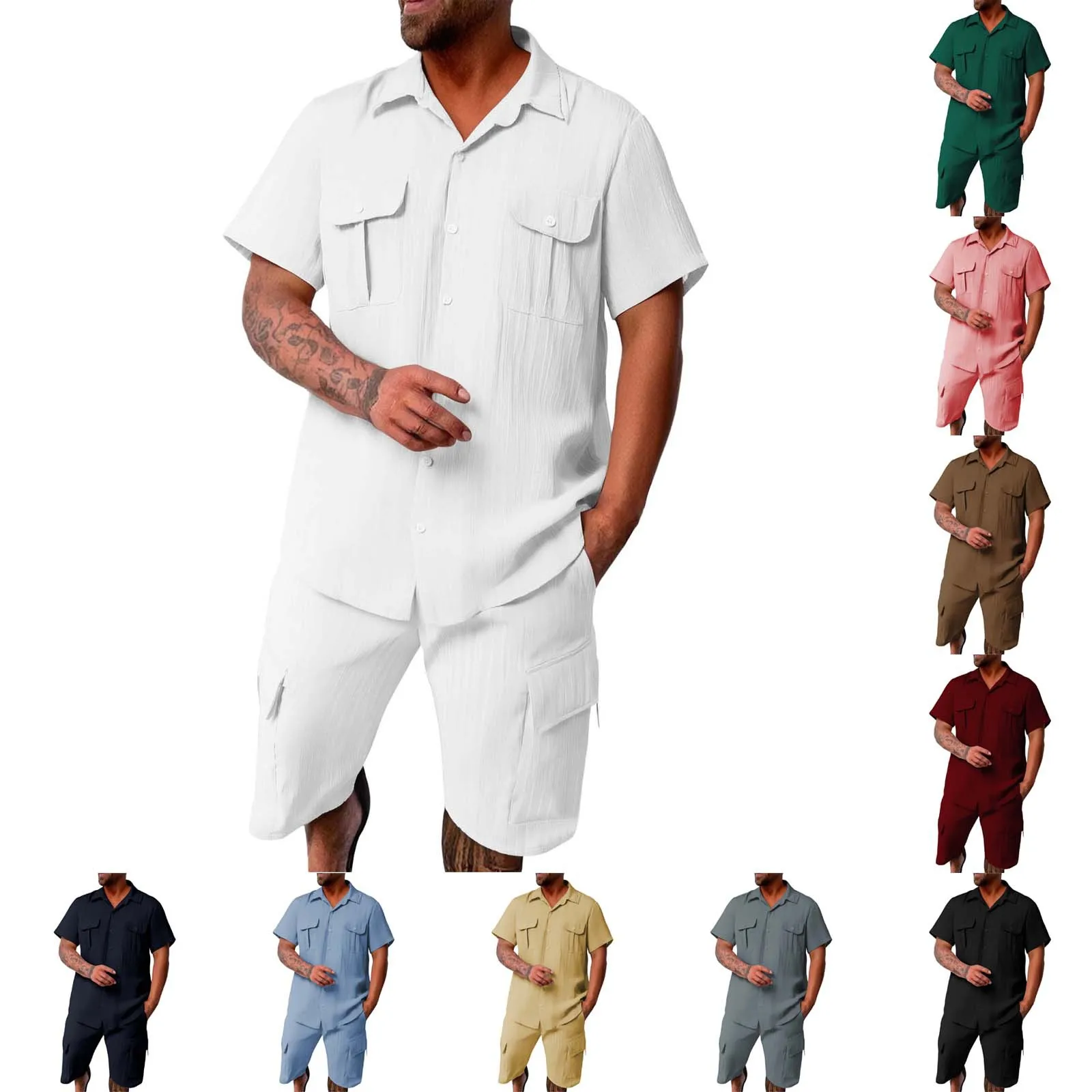 

Loose Short Sleeve Shirt And Shorts Set Summer Casual Sportswear Polyester Fiber Lightweight Comfortable Men's Outfit