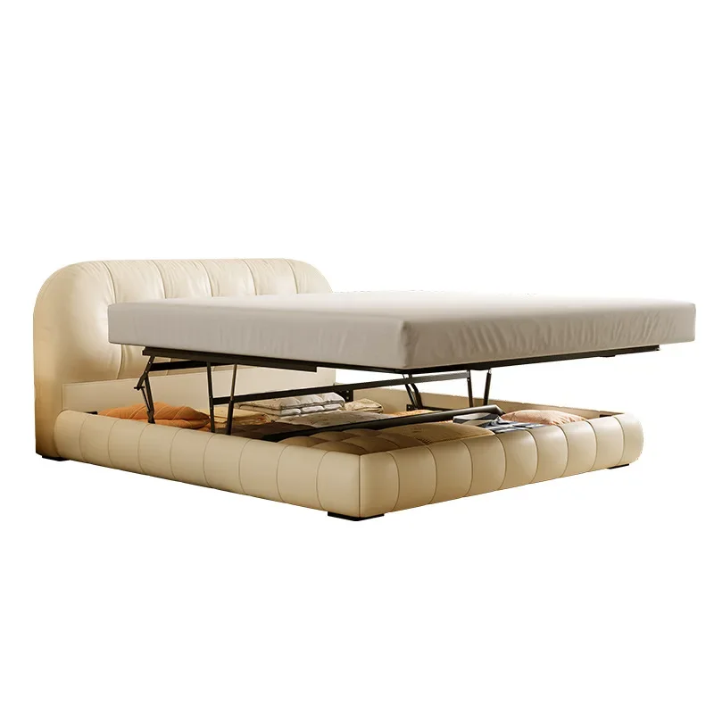 

French cream leather bed, soft storage wooden box bed