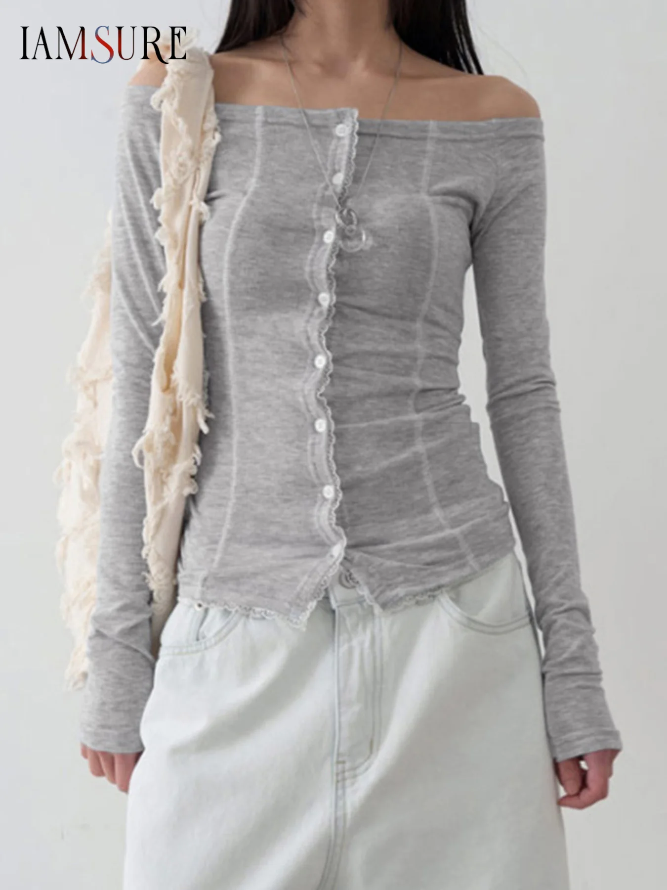 

IAMSURE Casual Solid Lace Trim T Shirt Basic Slim Slash Neck Long Sleeve Tees Women 2025 Autumn Spring Fashion Streetwear Ladies