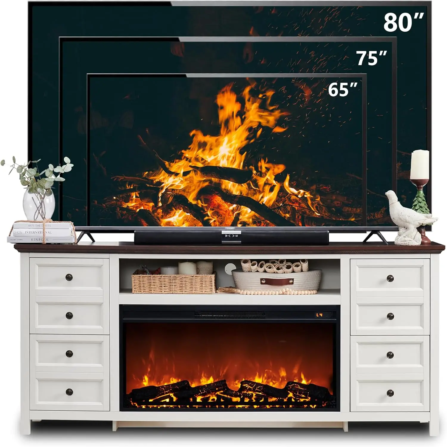 Fireplace TV Stand for TVs up to 80 Inches, Farmhouse Entertainment Center w/36 Electric Fireplace & 4 Faux Double Drawers