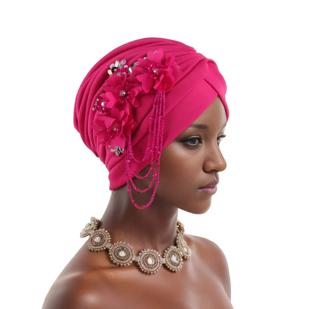 Tassels Turban Cap for Women Diamonds Pleated Head Wraps African Female Headscarf Bonnet Muslim Hijab Auto Gele Turbante Mujer
