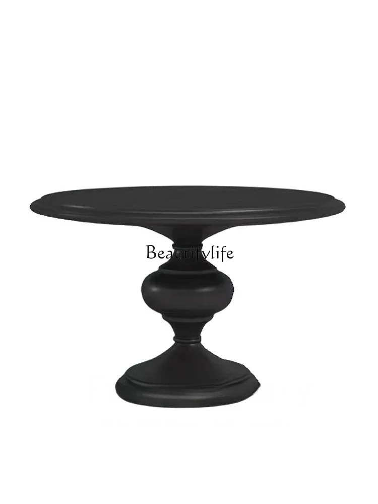 French retro solid wood dining table high sense medium antique retro black home round