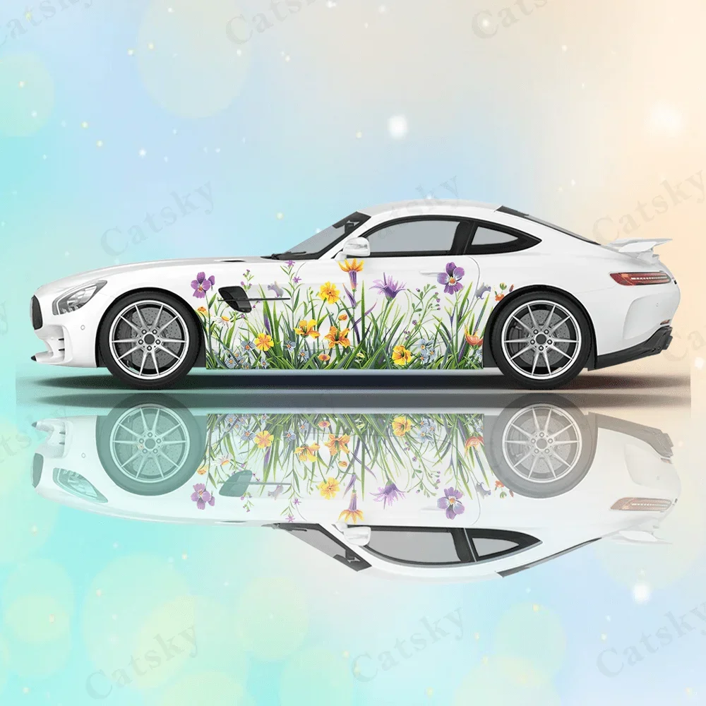 Flowers Butterflies in Spring Car Vinyl Wraps Decal PVC Anti Scratch Sticker Suitable for Trucks SUV Decor Auto Accessories Gift