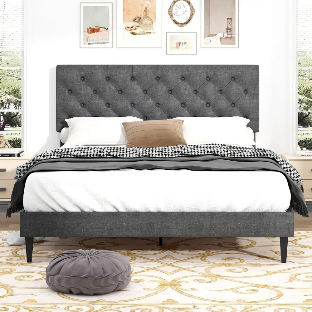 Queen Bed Frame, Upholstered Platform Bed with Button Tufted Headboard, Fabric Queen Size Beds with Wooden Slats Support