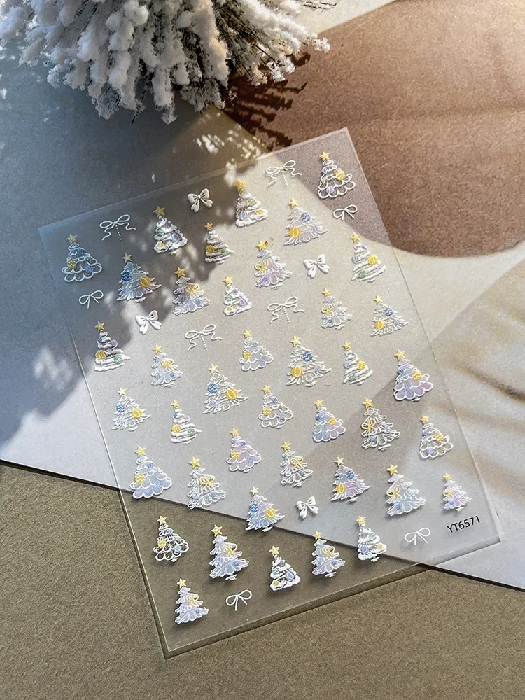 สติกเกอร์ติดเล็บลายต้นคริสต์มาสสีชมพู/ฟ้า/เขียว ลายนูน สำหรับตกแต่งเล็บ งานปาร์ตี้คริสต์มาส เครื่องประดับตกแต่งเล็บ