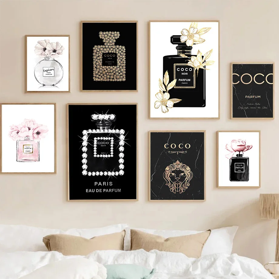 1 Pieza, Cuadro sin Marco, Diseño de Lujo, Botella de Perfume Coco, Pintura en Lienzo, Póster Nórdico con Flores, Impresión para Pared, Decoración Moderna para Habitación de Chicas