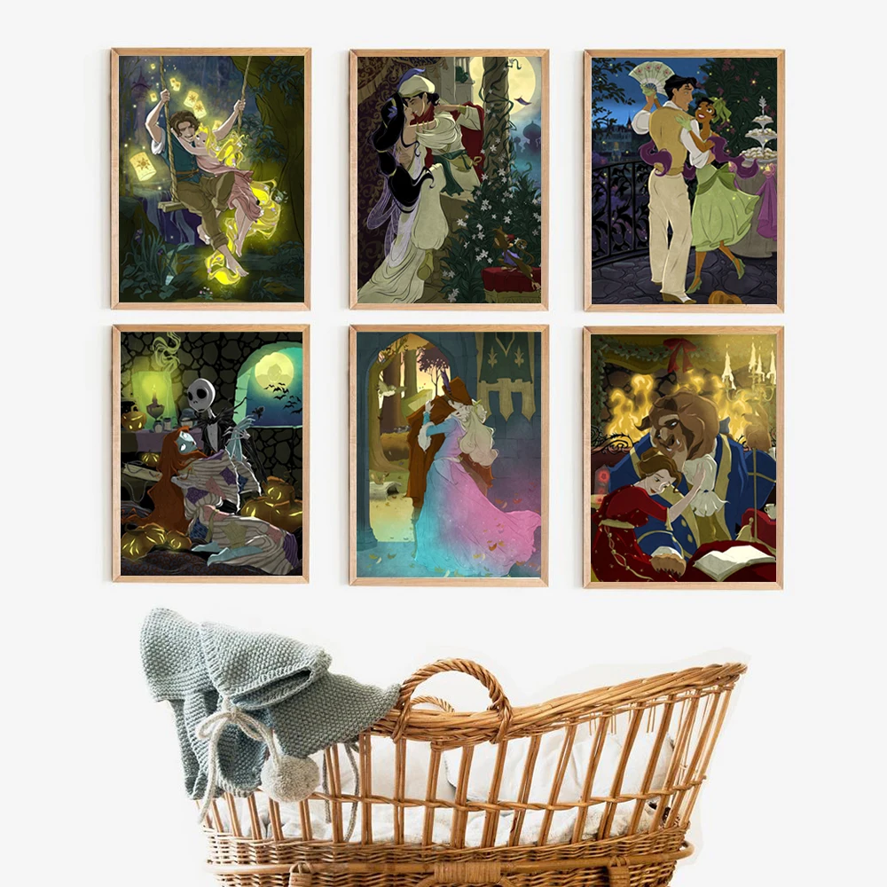 Princess and Prince Romantic Illustration Art Print Jasmine,Sleeping Beauty, Belle Poster Fan Art Gift Canvas Paintings Decor