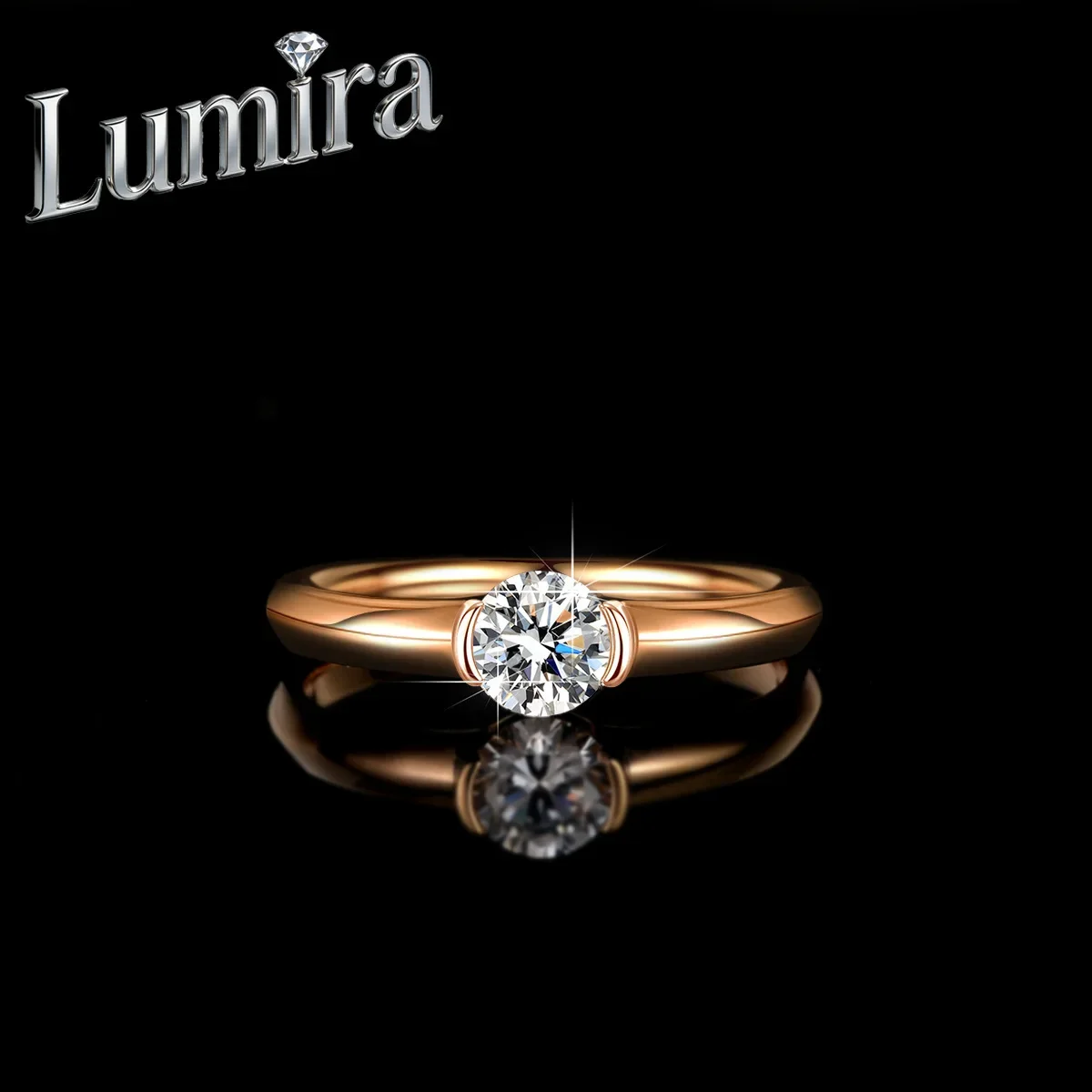 Lumira 18K Champagne Gold Four-Prong Moissanite Ring for Women 50 Points Classic Wedding Band
