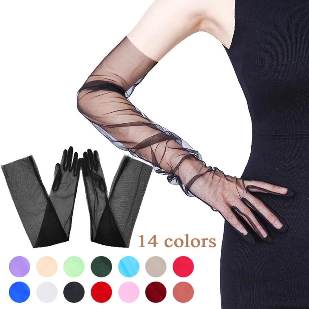 

Transparent Sunscreen Glove Retro Mitten Touch Screen Gloves Women Ultra Thin Gloves Tulle Elbow Long Wedding Bride Dress Gloves