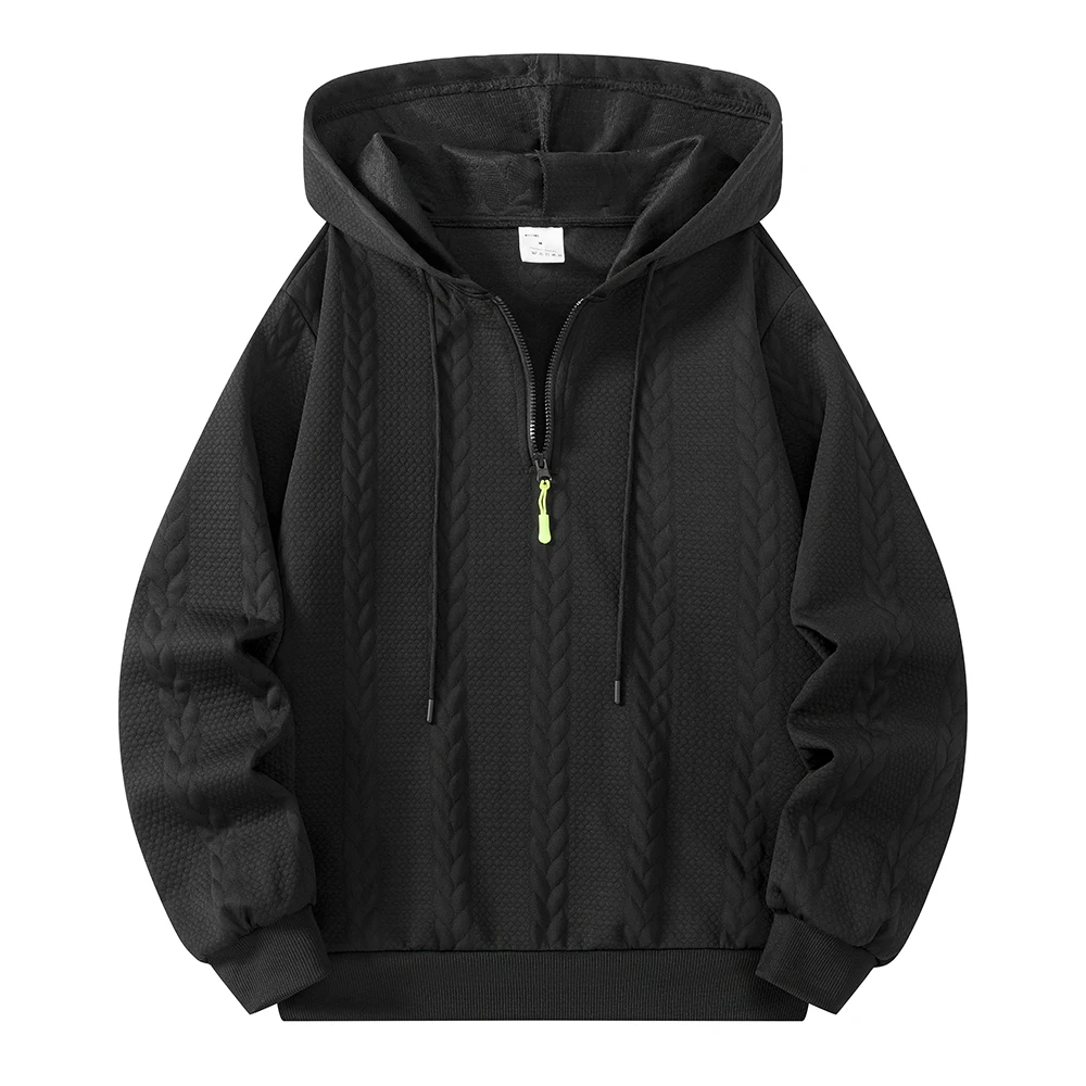 Men's Cable Knit Half Zip Hoodie Solid Color Loose Fit Casual Drawstring Pullover Autumn Everyday Fitness Commute Sweatshirt