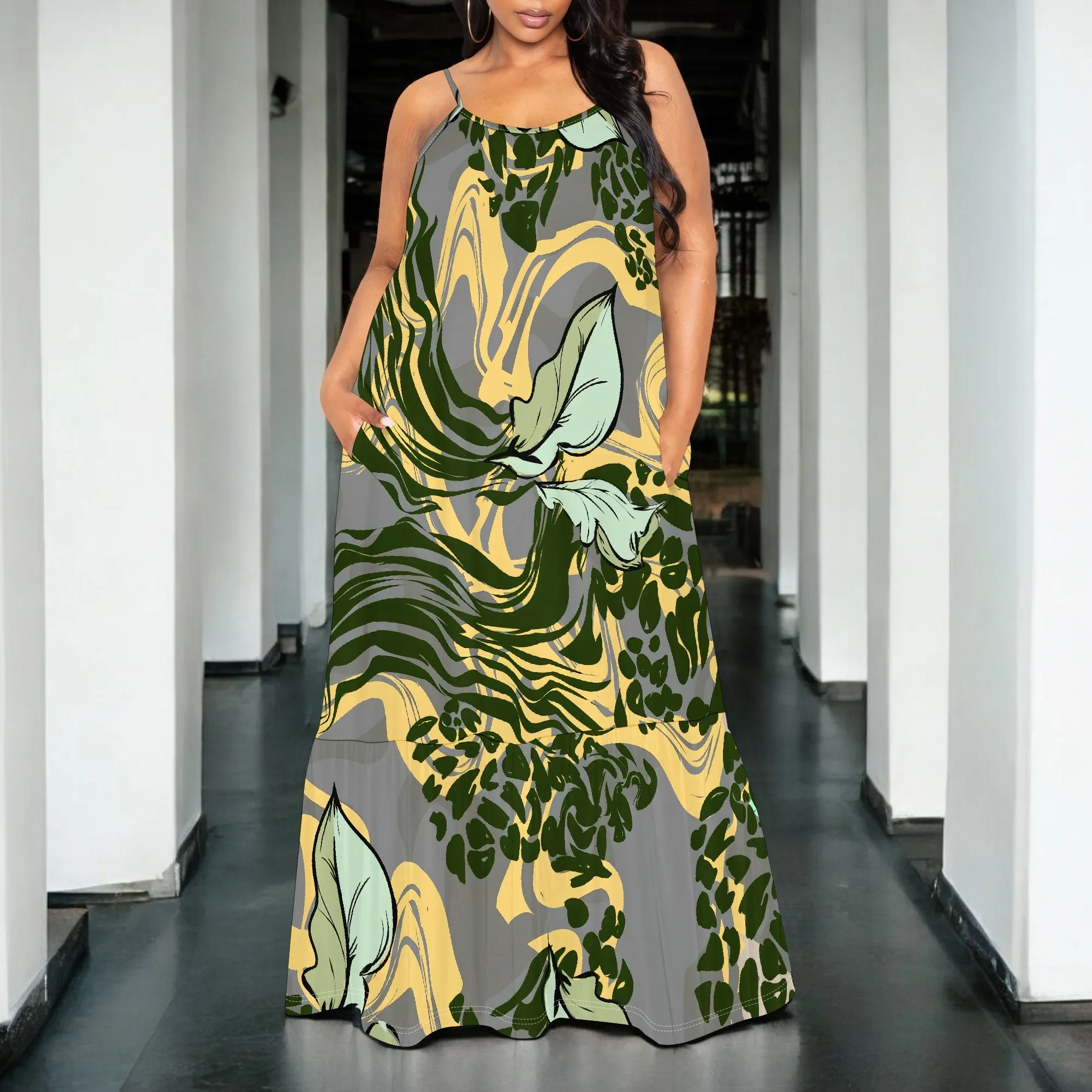 

Green Leaf & Abstract Wave Maxi Dress S-3XL Sleeveless Spaghetti Strap Loose Fit with Pockets for Summer Casual, Garden or Beach
