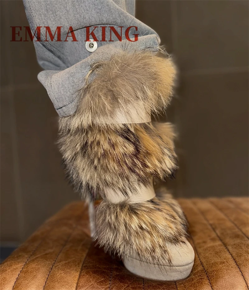 البني فو الفراء حذاء من الجلد رقيقة عالية الكعب أشار تو أفخم فستان دافئ الأحذية حزام سلسلة معدنية ديكور أحذية بوت قصيرة حجم كبير 44 #2