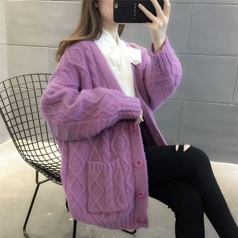 Women Autumn Winter Korean New V-neck Knit Cardigan Commuter Fashion Button Pocket Splicing Thickened Long Sleeved Sweater Coat