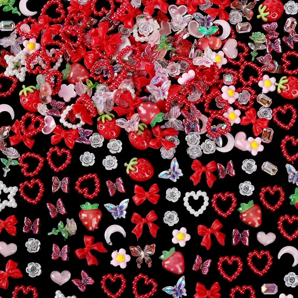 Red Bedazzled Kit Resin Bow Strawberry Cherry Heart Rhinestone Bedazzling Kit for Diy Art Crafting Nail Kit Phone Case Supplies