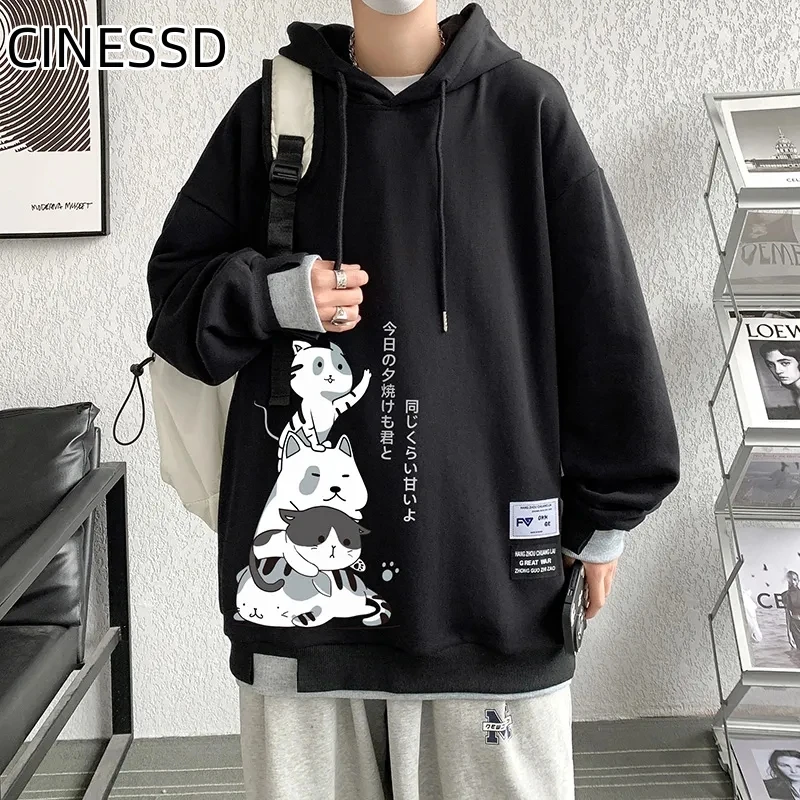 New Men\'s Cartoonl Anime Cat Sweatshirt Foam Print Couple Hoodie Long Sleeve Loose Japanese Harajuku Street Boy Pullover Sweater