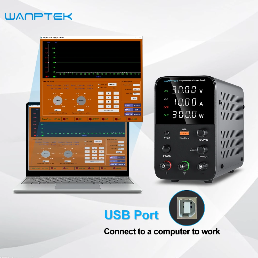 Wanttek fuente de alimentación CC ajustable, 30V, 10A, 60V, 5A, interfaz de comunicación USB, Banco de laboratorio, interruptor estabilizado para PC