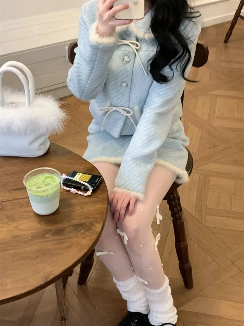 Korean Sweet Doll Neck Woolen Coat Skirt Two Piece Set Women Fashion Bow Plush Splice Soft Gentle Temperament Winter Slim Suit