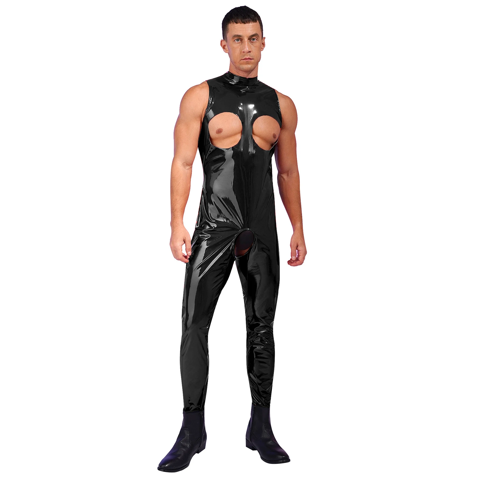 

Mens Sexy Open Cups Crotchless Bodysuit Wet Look Patent Leather Catsuit Mock Neck Skinny Jumpsuits Lingerie Nightwear Clubwear