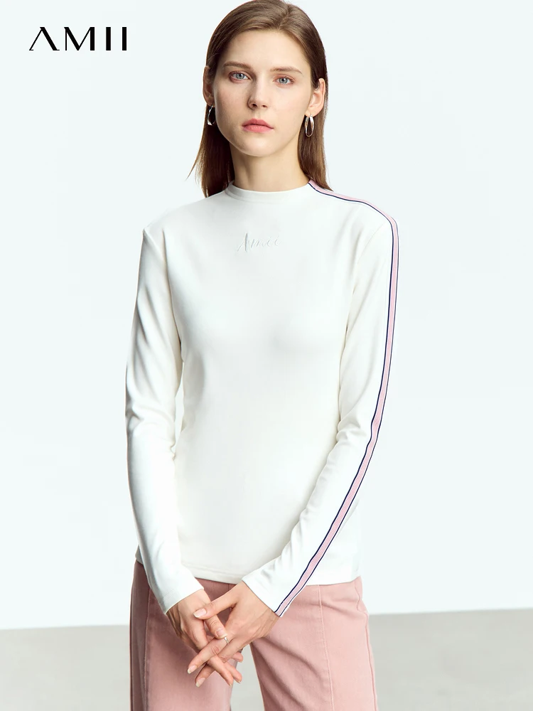 AMII Minimalism Long Sleeve T-shirt For Women 2023 Mock Neck Autumn New Casual Embroidery Slim Pullover Knitted Tops 12343039