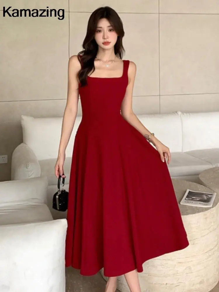 

Elegant Solid Party Midi Dress French Spaghetti Strap Square Collar Sleeveless A-line Evening Dresses Female Prom Chic Vestidos