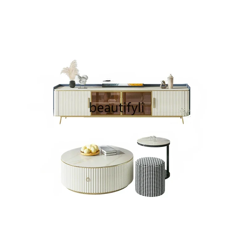 

xz1Stone Plate round Tea Table TV Cabinet Unit Italian Simple Modern High Leg Storage Organizer Side Cabinet furniture