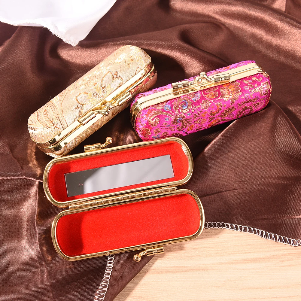 

Portable Mini Makeup Silk Box Retro Flower Design Iron Clip Lipstick Case Holder With Mirror Ring Necklace Earring Storage