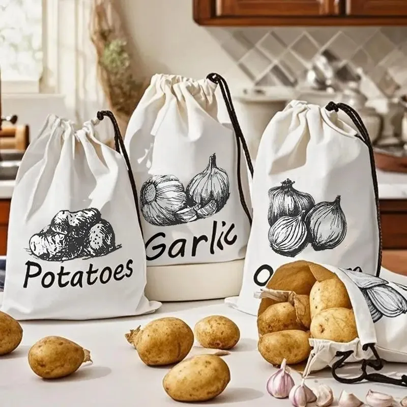 Bolsa de almacenamiento de patatas, cebollas y ajo, con cordón y cremallera, de lona duradera, para cocina, 1/2 unidades