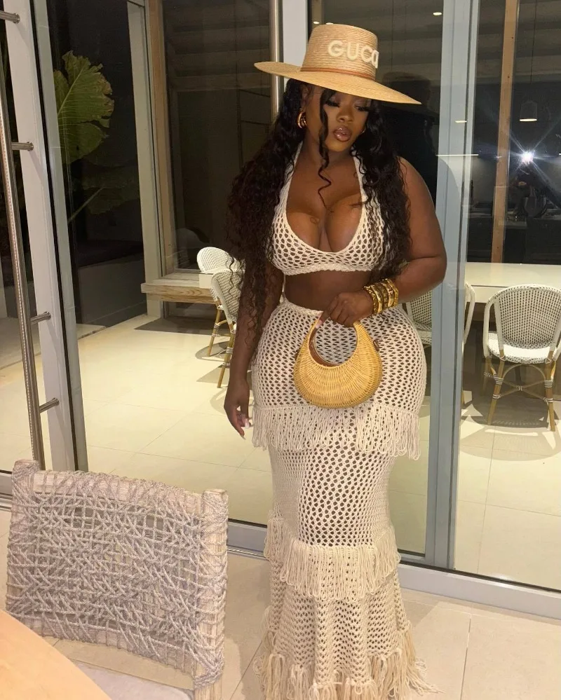 

Women Sexy Crochet Knit Holiday Beach 2 Piece Set V-neck Halter Backless Tank Crop Tops + Tassel Bodycon Long Skirts Cover Ups