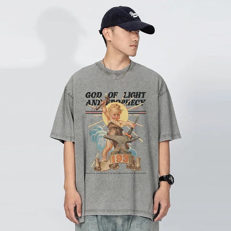 تي شيرت رجالي بأكمام قصيرة على ارتفاع الشارع ، طباعة ملاك مضحكة عتيقة ، قطن خالص مغسول ، مقاس فضفاض ، توبات للزوجين ، تي شيرت صيفي