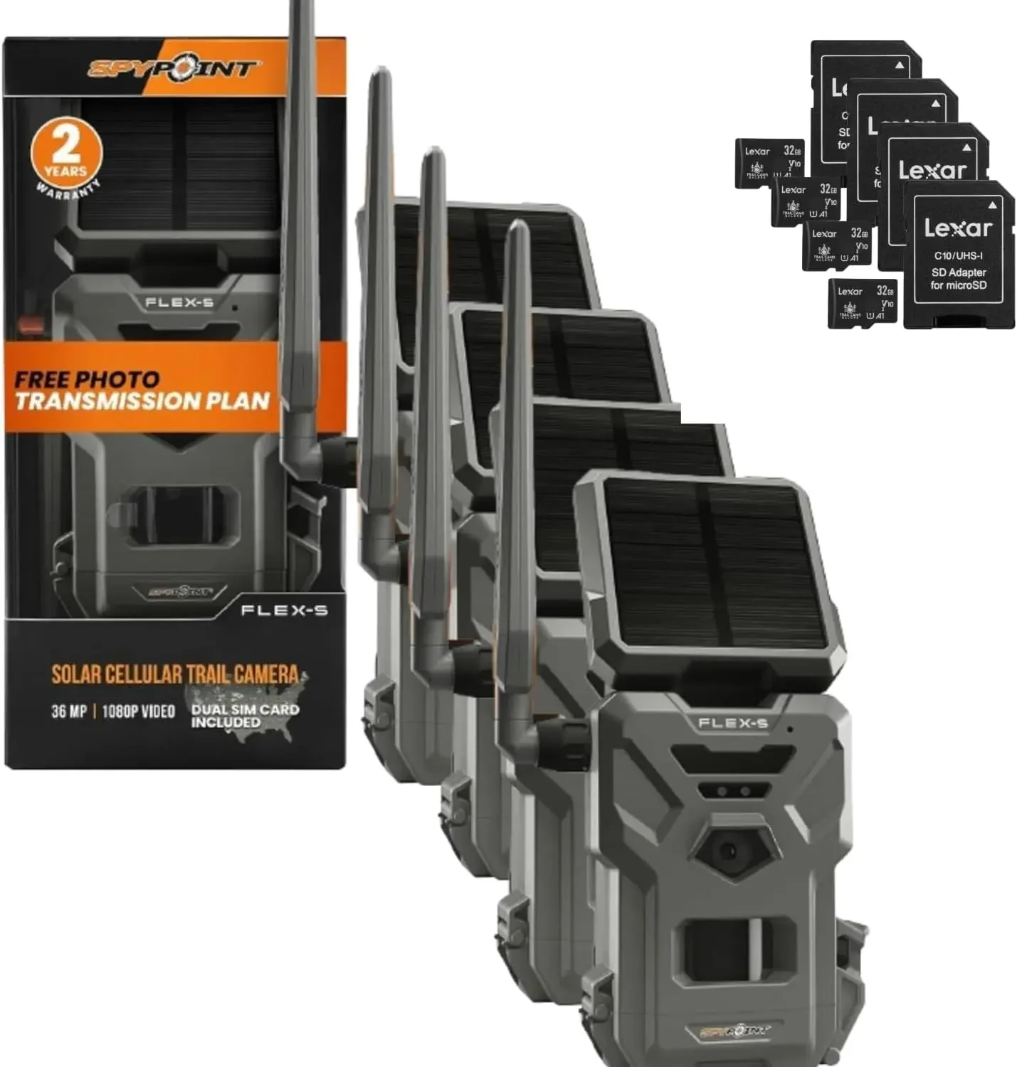 Flex-S Solar Cellular Trail Camera (4 PK) Integrated Solar Panel, LTE Connectivity, 100-foot Flash/Detection Range + Fo