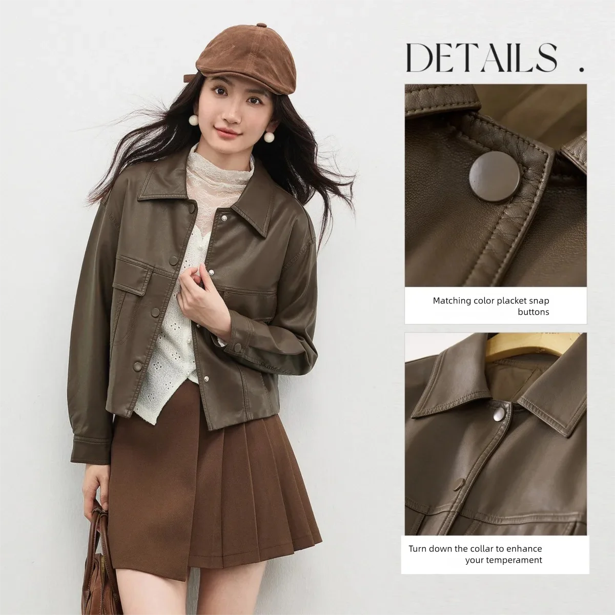 SENTUBILA Women's Lapel Leather Jacket 2026 Spring Autumn Cropped Biker Jacket Coffee Retro Cool Ladies Clothes W61GA6452X