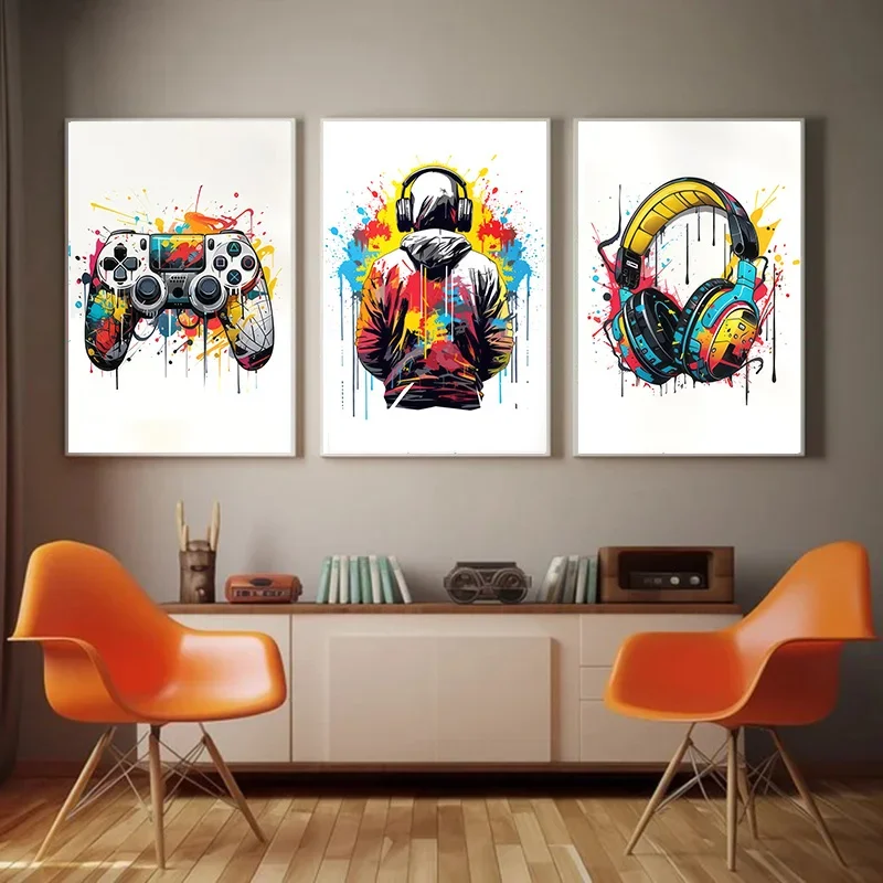 3pcs Abstract Colorful Graffiti Game Console Headset Back Fashion Poster Living Room Wall Art Canvas Painting