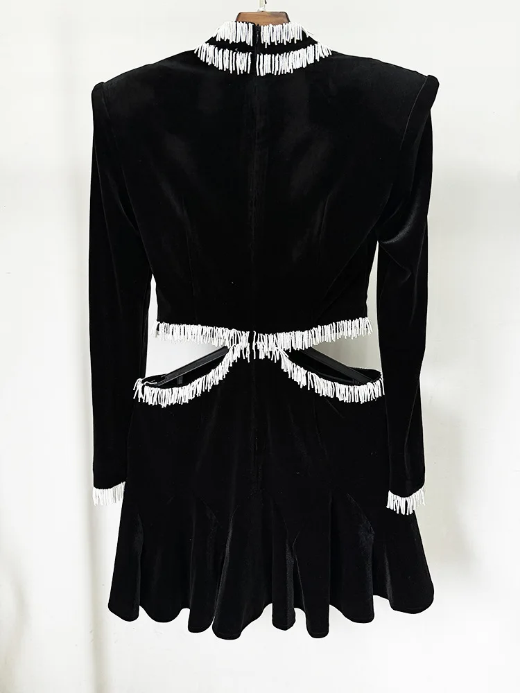 Alta calidad 2025, los más nuevos vestidos de diseñador de moda, vestido calado de terciopelo con cuentas de manga larga para mujer