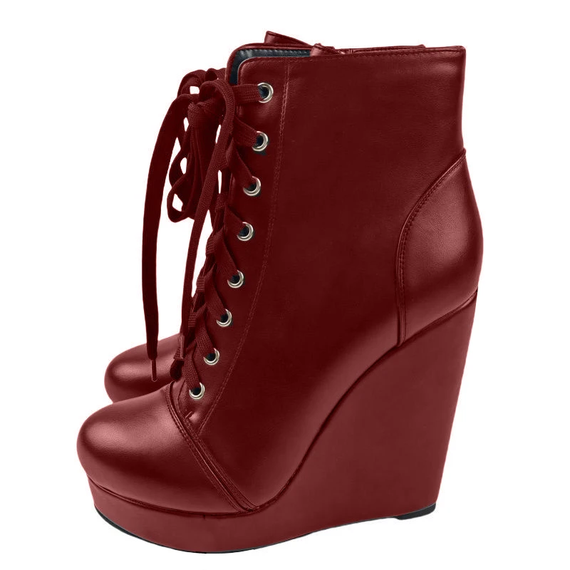 DIZHUANG Women's High-Heeled Boots Wine Red/Black Matte Leather 13cm Heel Height Wedge Platform round Toe boots 34-46