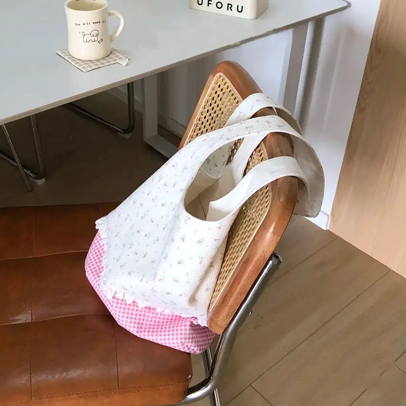 Korean Lace Plaid Flower Floral Handbag Tote Underarm Bags Women Commute Shoulder Bag