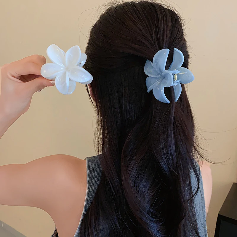 Blue White Hair Claws for Girl Solid Color Flower Ellipse Shaped Shark Clips Summer Headdress Fashion Hair Accessory