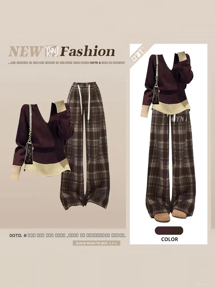 

Цветной вязаный свитер с высокой талией, клетчатые брюки, женский зимний винтажный повседневный комплект, Sli Long Sve Ne Design