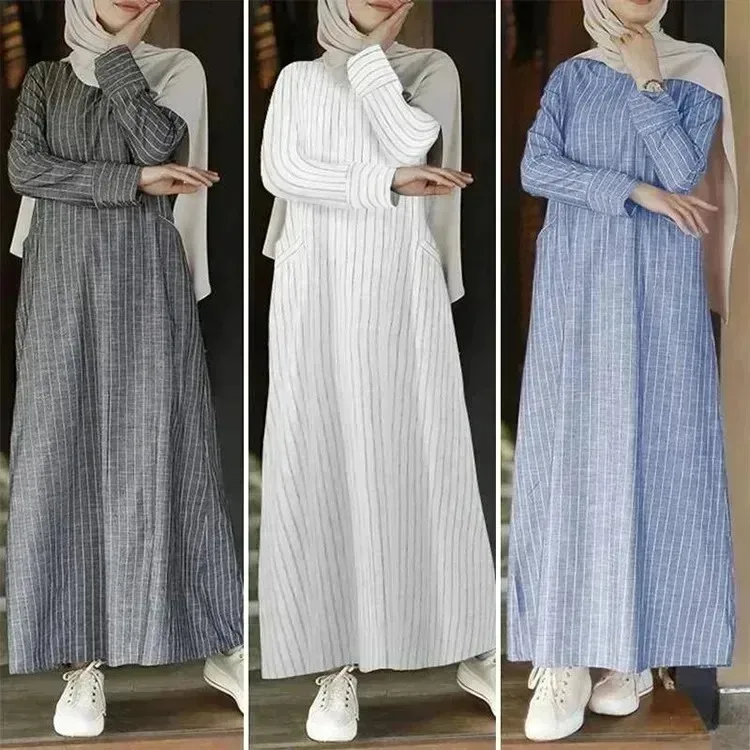 มุสลิม Abayas สําหรับผู้หญิง Retro ผู้หญิงผ้าฝ้ายและ Hemp Pullover รอบคอ A-Line กระโปรงชุดลําลองลาย Abayas