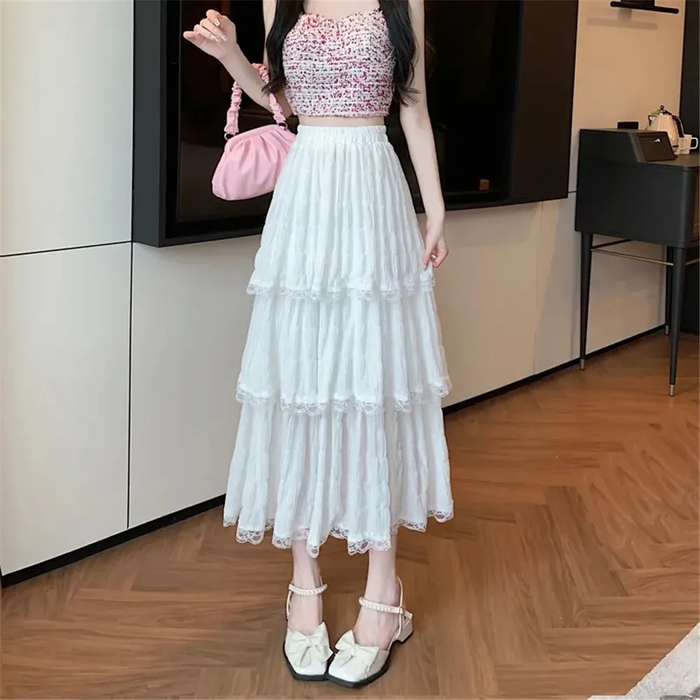 

Sweet Lace Patchwork Elegant White Gauze Skirt Women High Waist French Vintage Cake Skirt High Waist A-Line Skirt Korean Faldas