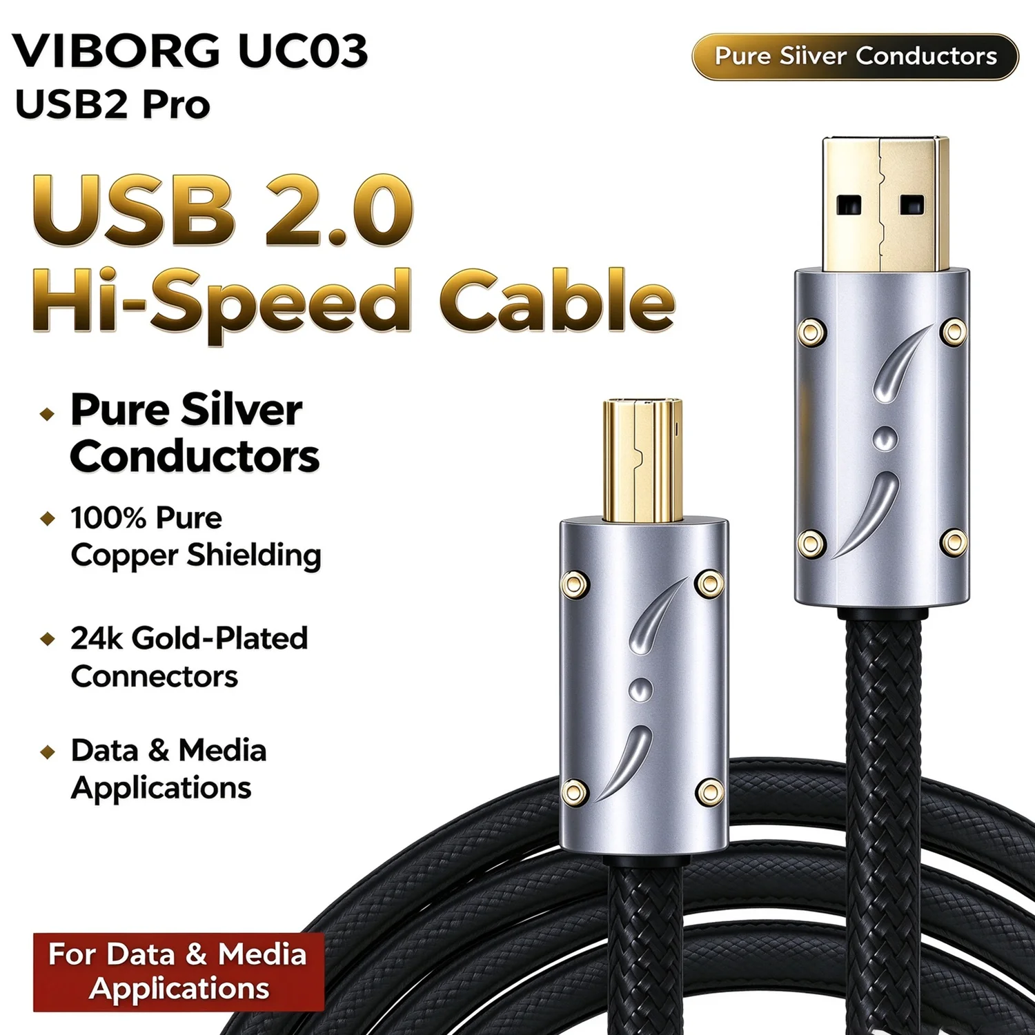 Viborg UC03 Audiophile Pure Silver USB A to B Cable Gold Plated USB2.0 HiFi Cable for DAC Decoder