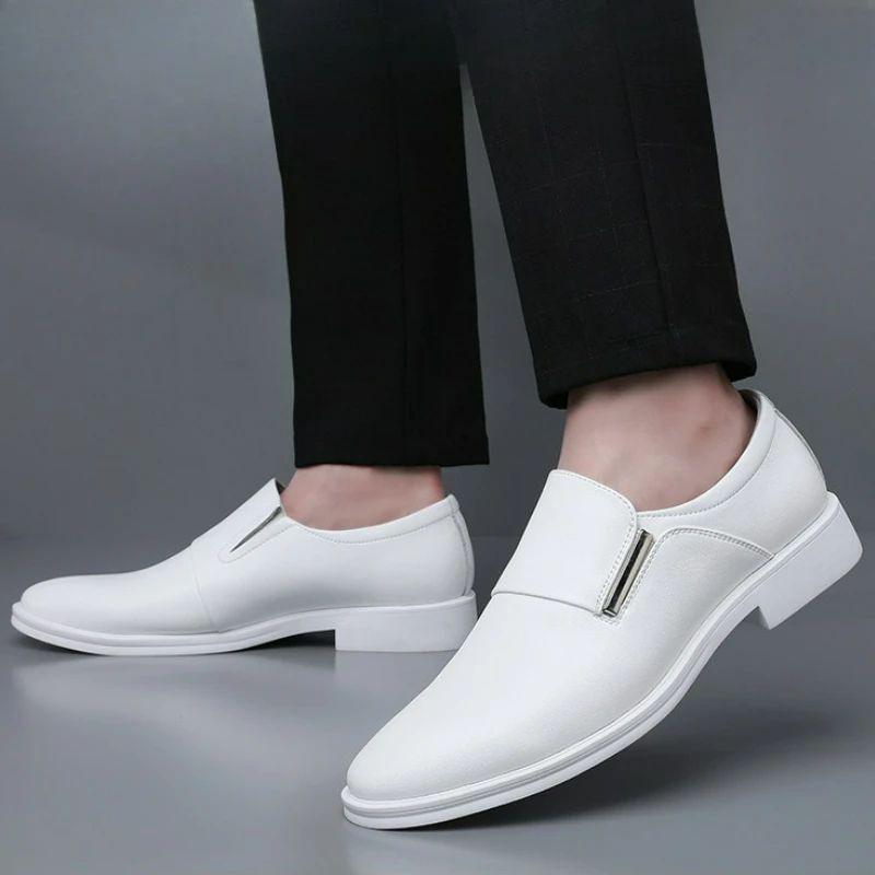 Men Dress Shoes Slip on Leather Shoes 2026 British Style Pointed Toe Oxfords Soft White Elevator Shoes Formal Business Men Shoe