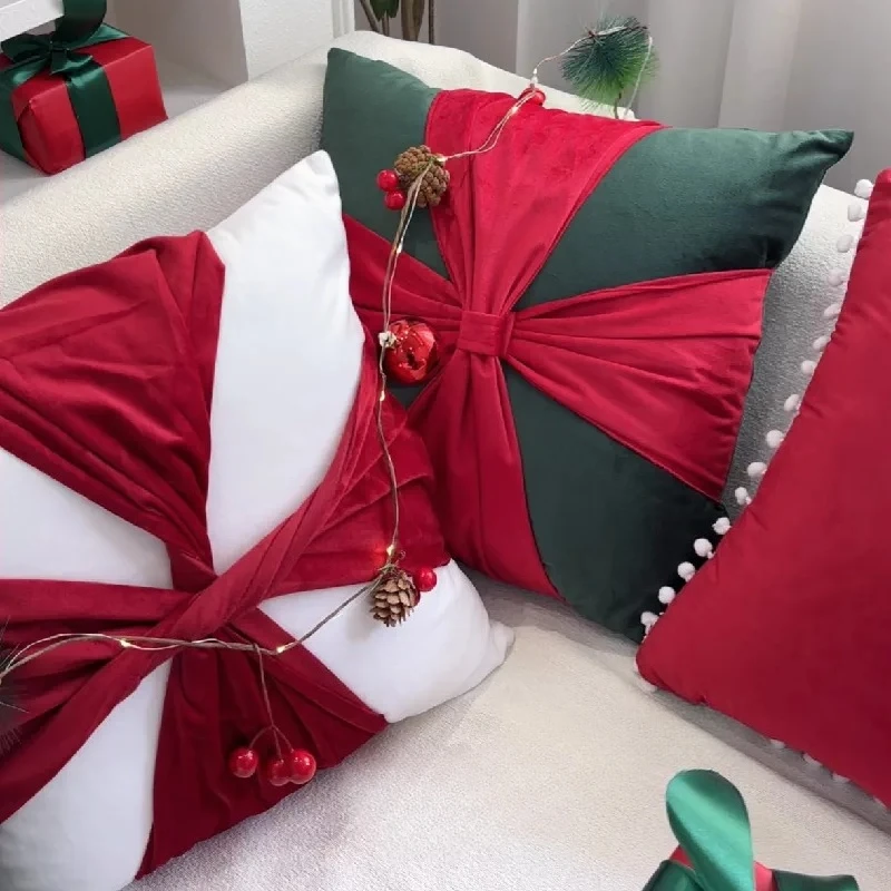 New Year Christmas Holiday Velvet Bow Sofa Throw Pillow Cushion Living Room Wedding Decoration Gift for Home Decor