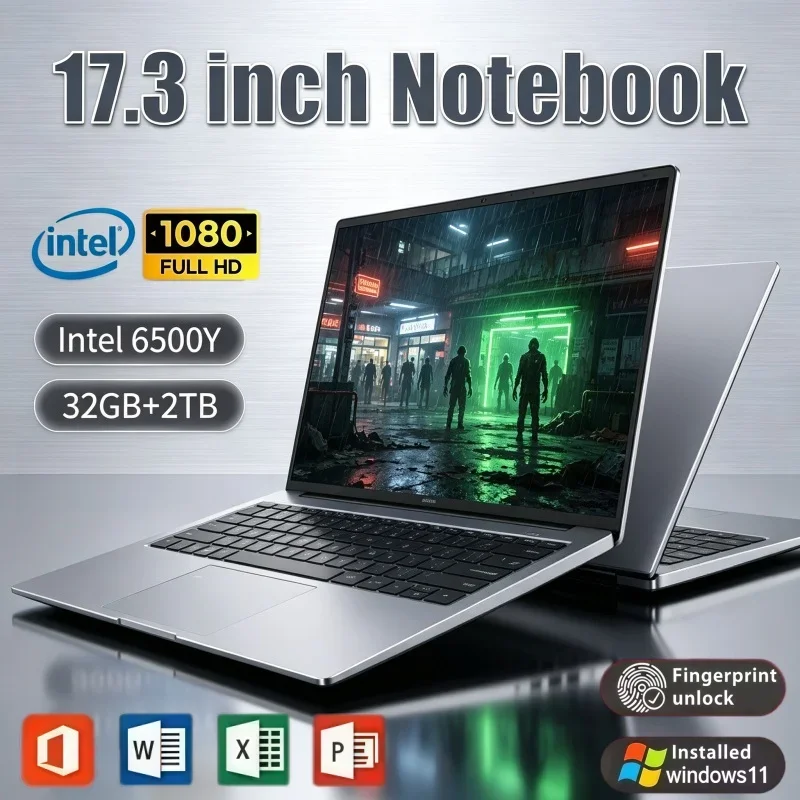 17.3 Inch Laptop PC Intel 6500Y Windows 11 32GB RAM 2TB SSD Fingerprint Unlock Notebook For Remote Work And Light Gaming