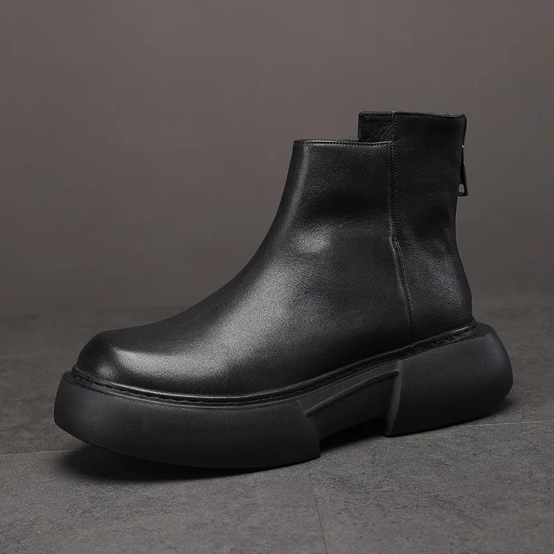 

Мужские повседневные короткие ботинки с задней молнией, утепленные, на толстой подошве, с эффектом увеличения роста, высокие кожаные ботинки.