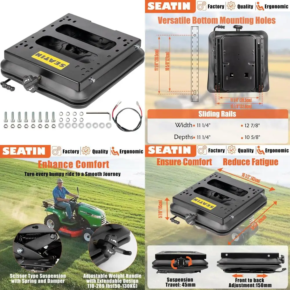 

Универсальный комплект подвески сиденья для газонокосилок с нулевым радиусом поворота, тракторов и совместимых сидений из вторичного рынка.