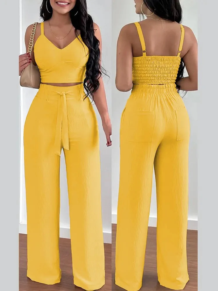 Women Summer Print Halter V-Neck Backless Tank Suit Tops Long Pants Matching Set Casual Female SlimPants Two Piece Sets