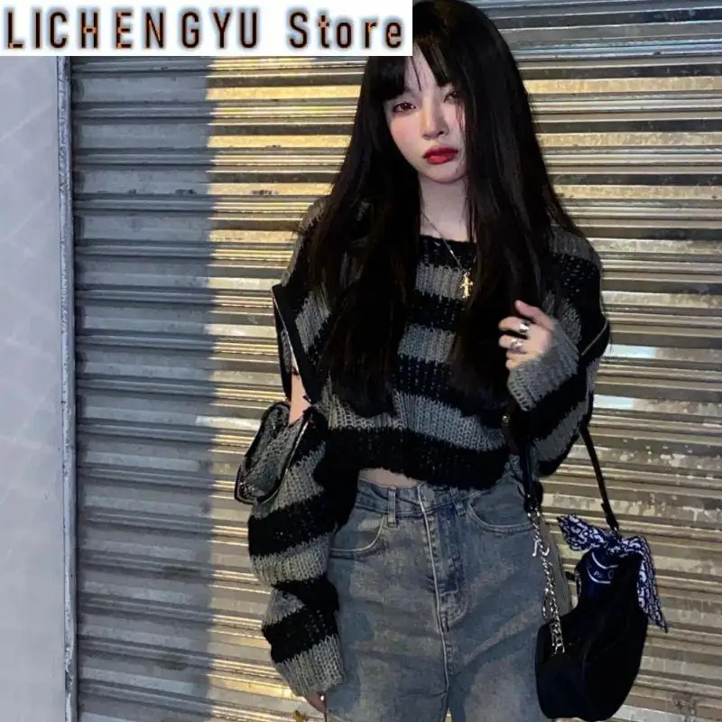 New Vintage Striped Knitted Sweater Sexy Hole Cropped Zipper Pullover Female Korean Fashion Loose Punk LongSleeve Jumper