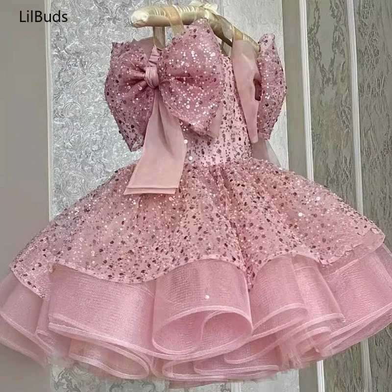 2024 Children Princess Dress Matching One Year Old Costumes Baby Girls Luxury Bow Sequin Elegant Outfit Formal Occasion Clothes