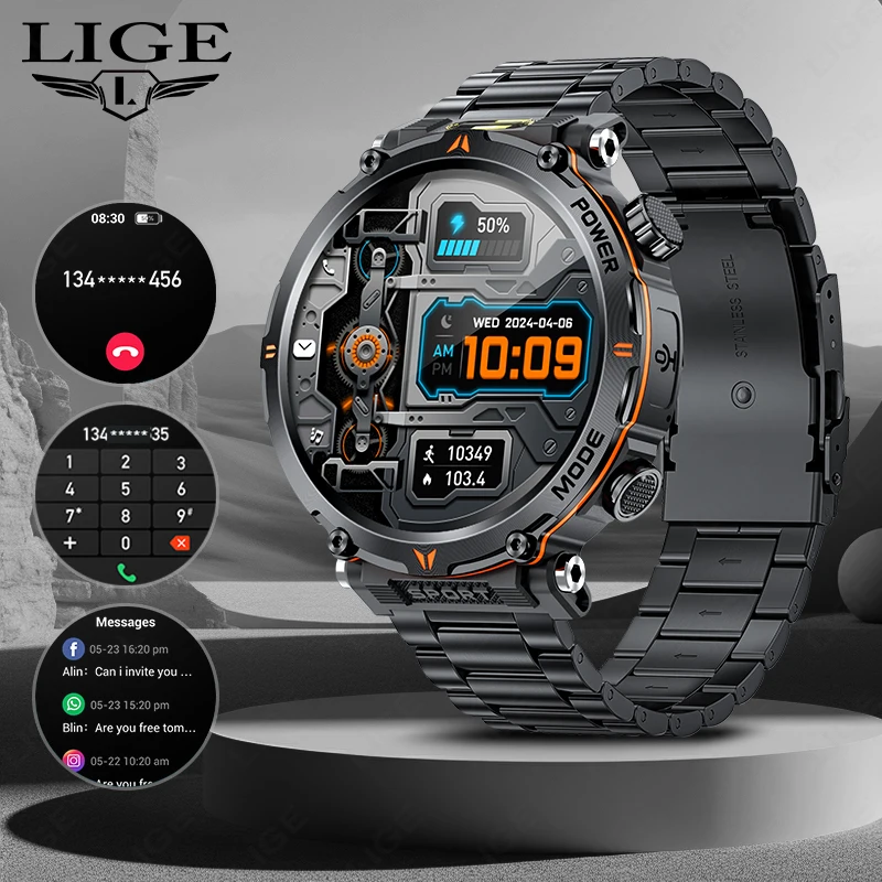 

LIGE Ultra Large Capacity 600mAh Battery Bluetooth Call Smart Watch Men Watch With Money Detection Compass Smartwatch Flashlight